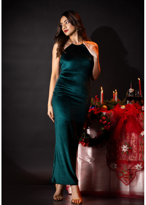 ALIZA HALTER NECK LONG GREEN DRESS 